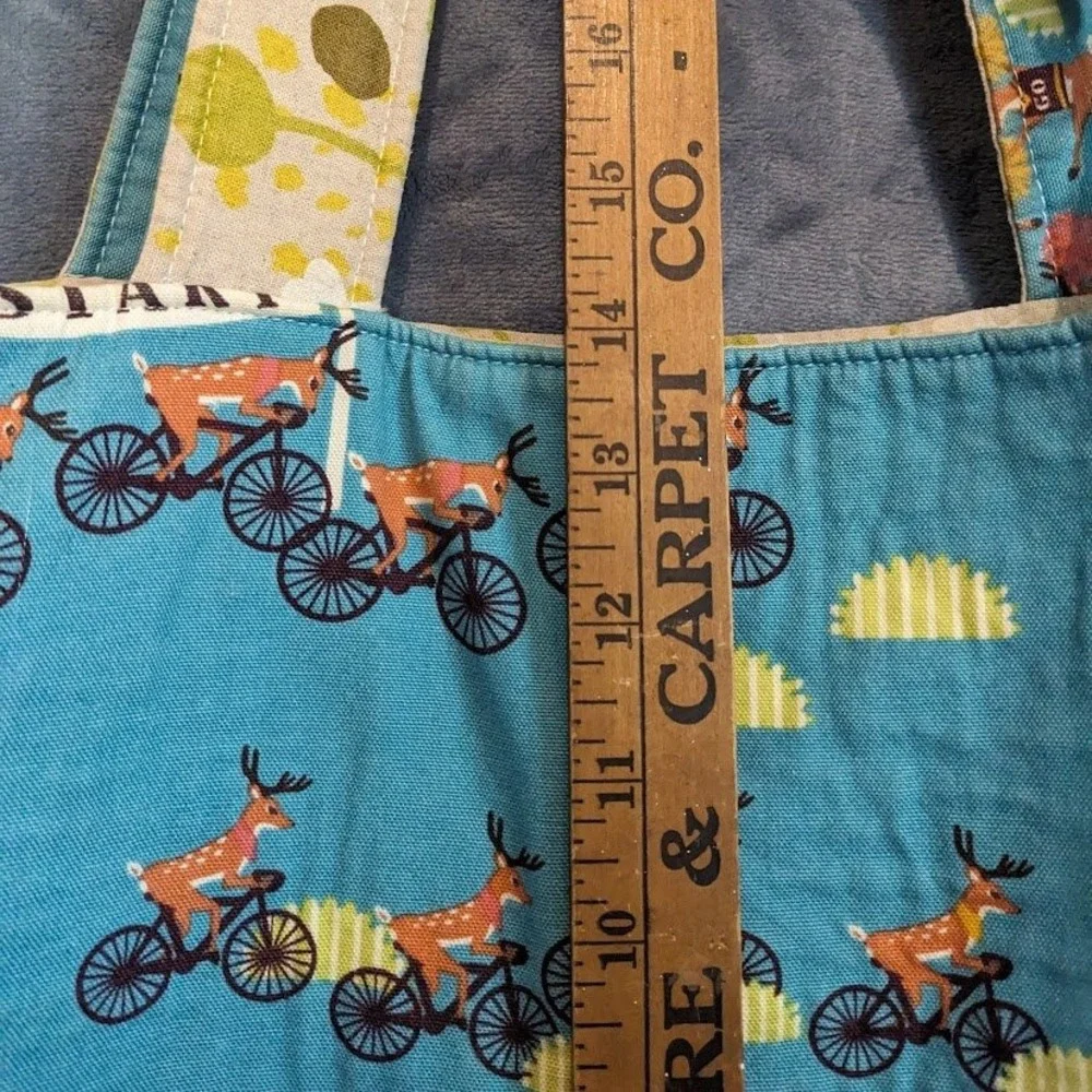 Handmade Reversible Tote Bag Tour de Forest Deer Biking Floral Blue Yellow